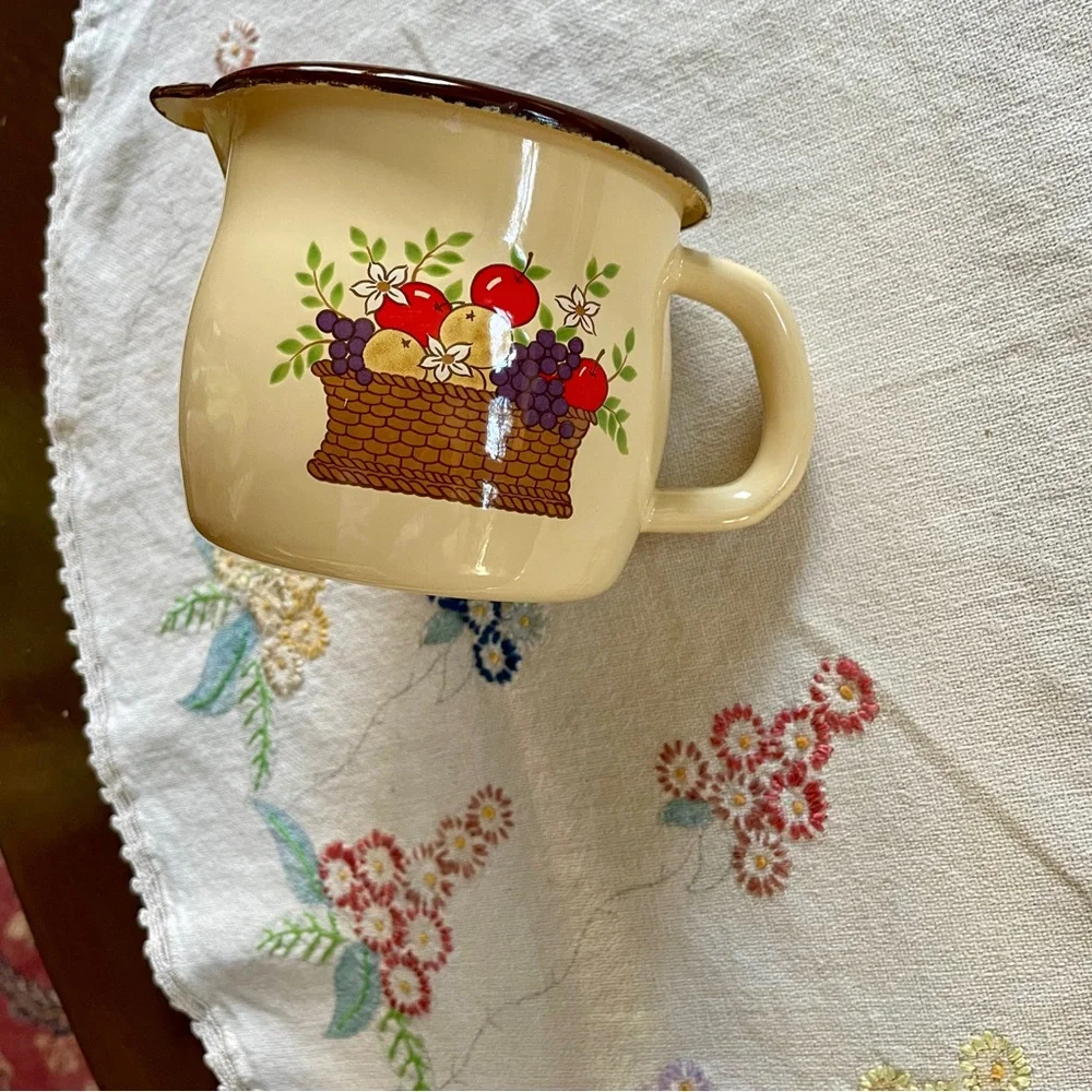Vintage FTD Metal 3 Cup Enamelware Pitcher. Cream Color w/ Basket of Fruit
